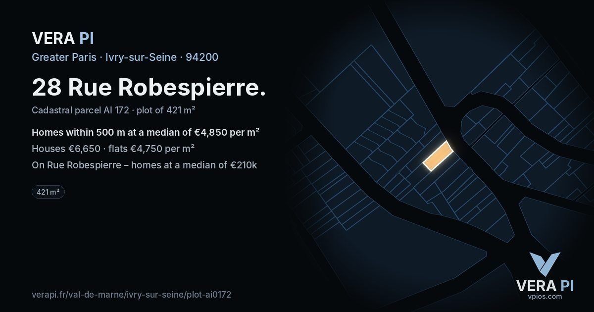 28 Rue Robespierre, Ivry-sur-Seine at night – the plot lit, the parcels around coloured by the prices near them