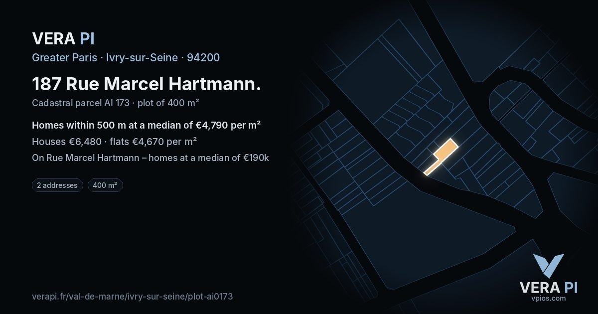 187 Rue Marcel Hartmann, Ivry-sur-Seine at night – the plot lit, the parcels around coloured by the prices near them