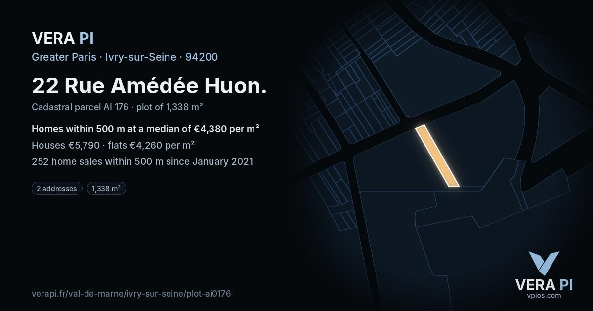 22 Rue Amédée Huon, Ivry-sur-Seine at night – the plot lit, the parcels around coloured by the prices near them