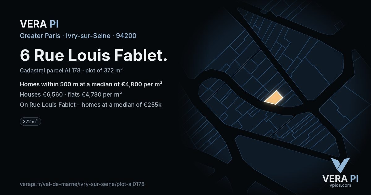 6 Rue Louis Fablet, Ivry-sur-Seine at night – the plot lit, the parcels around coloured by the prices near them