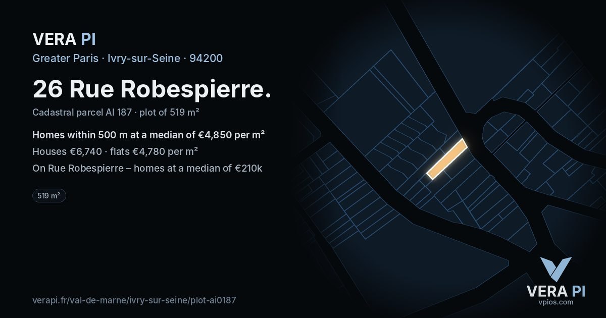 26 Rue Robespierre, Ivry-sur-Seine at night – the plot lit, the parcels around coloured by the prices near them