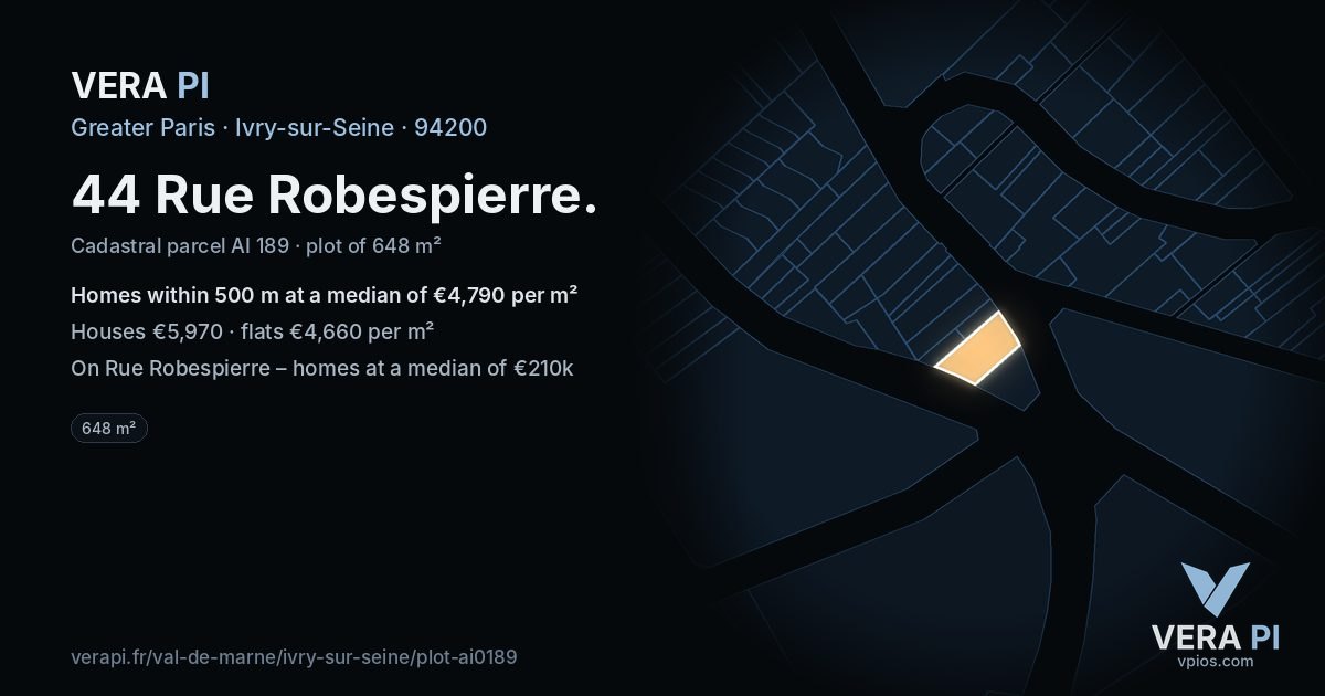 44 Rue Robespierre, Ivry-sur-Seine at night – the plot lit, the parcels around coloured by the prices near them