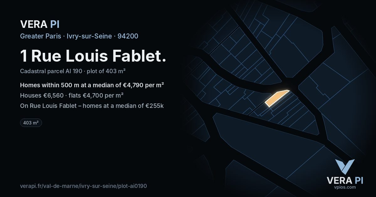 1 Rue Louis Fablet, Ivry-sur-Seine at night – the plot lit, the parcels around coloured by the prices near them