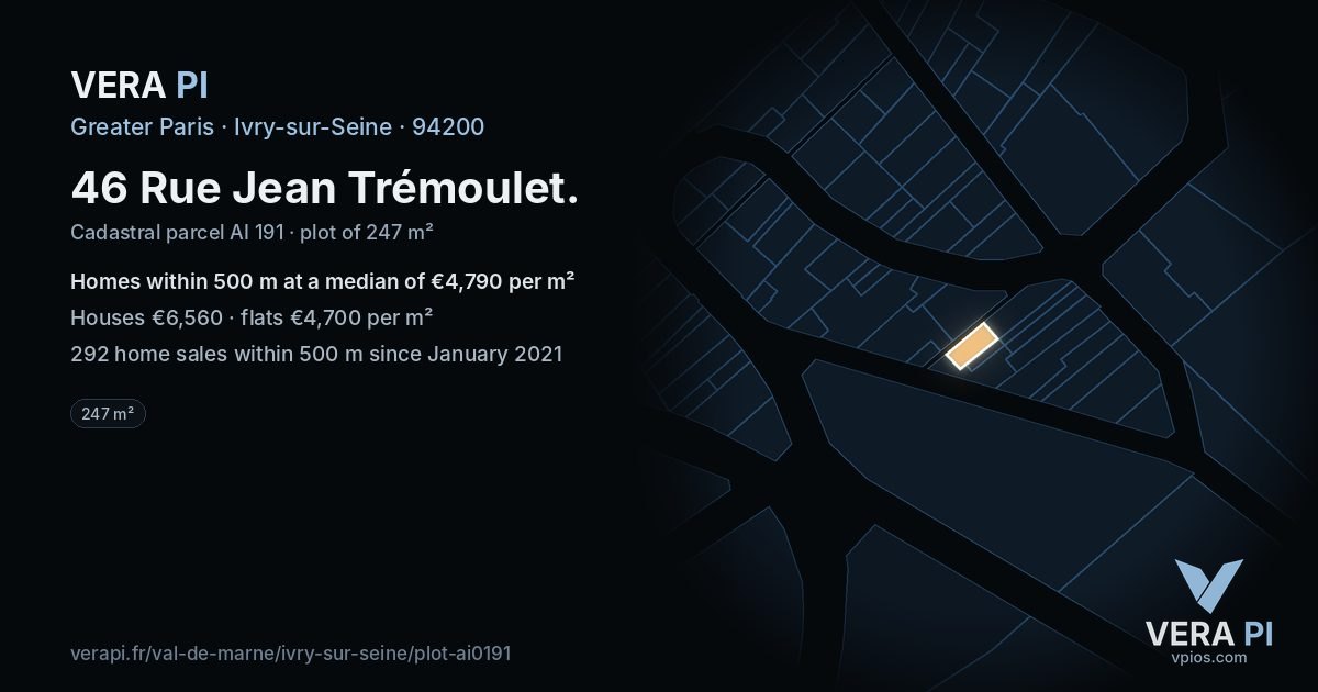 46 Rue Jean Trémoulet, Ivry-sur-Seine at night – the plot lit, the parcels around coloured by the prices near them
