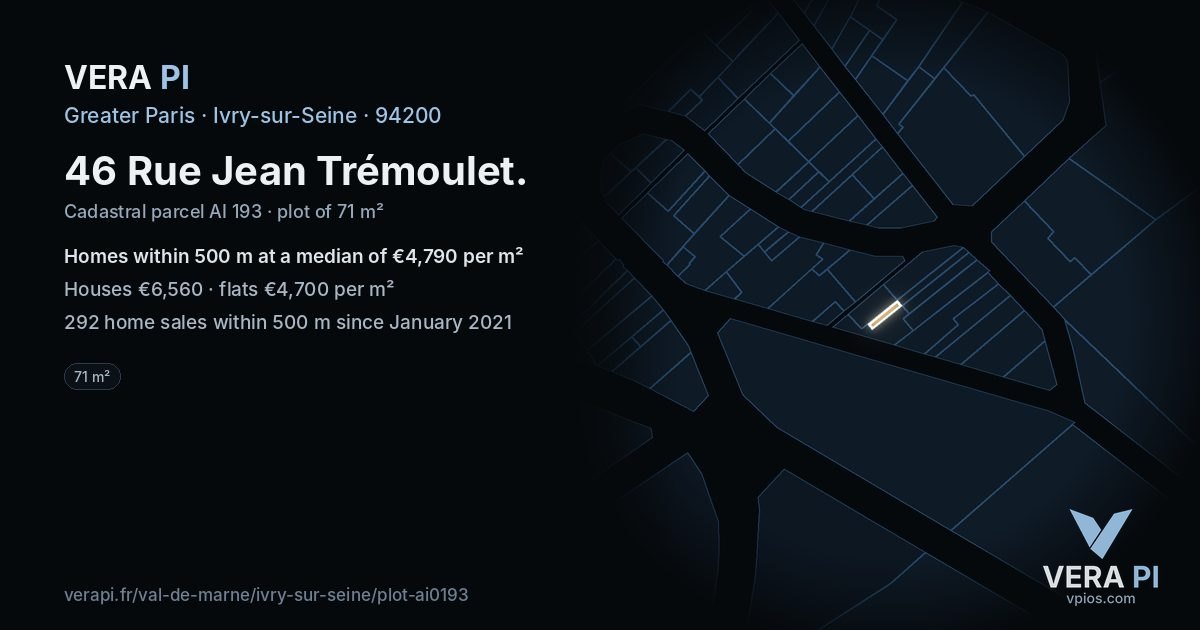 46 Rue Jean Trémoulet, Ivry-sur-Seine at night – the plot lit, the parcels around coloured by the prices near them