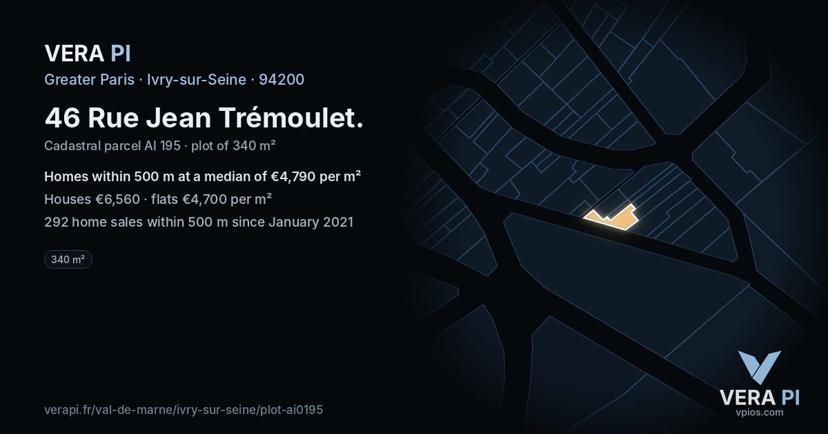 46 Rue Jean Trémoulet, Ivry-sur-Seine at night – the plot lit, the parcels around coloured by the prices near them