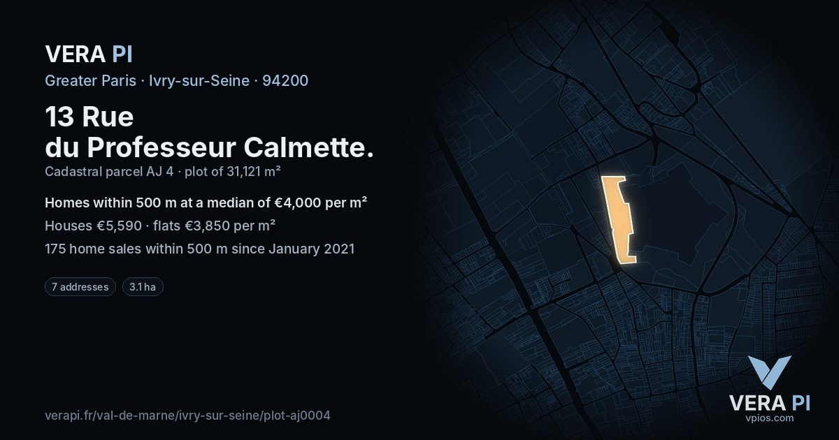 13 Rue du Professeur Calmette, Ivry-sur-Seine at night – the plot lit, the parcels around coloured by the prices near them