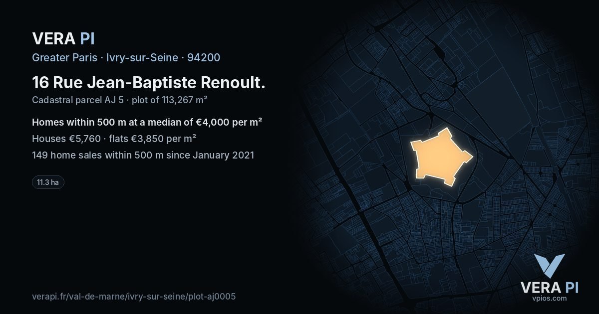 16 Rue Jean-Baptiste Renoult, Ivry-sur-Seine at night – the plot lit, the parcels around coloured by the prices near them