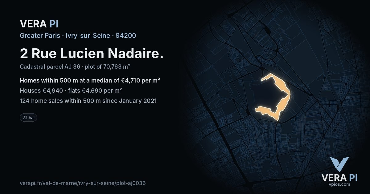 2 Rue Lucien Nadaire, Ivry-sur-Seine at night – the plot lit, the parcels around coloured by the prices near them