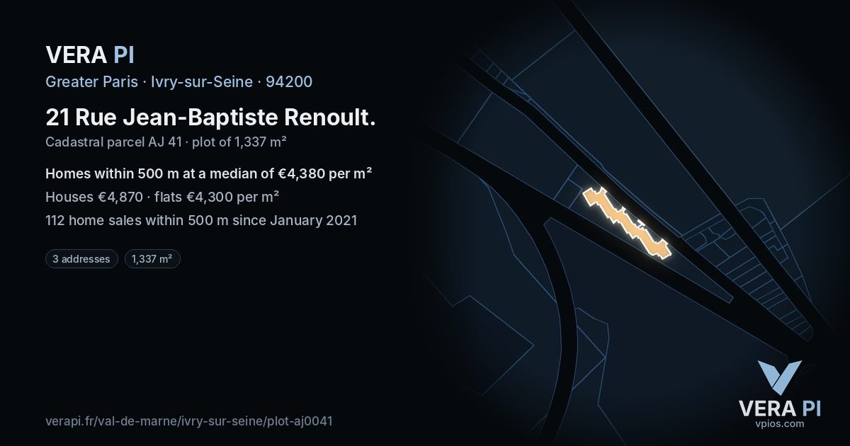 21 Rue Jean-Baptiste Renoult, Ivry-sur-Seine at night – the plot lit, the parcels around coloured by the prices near them