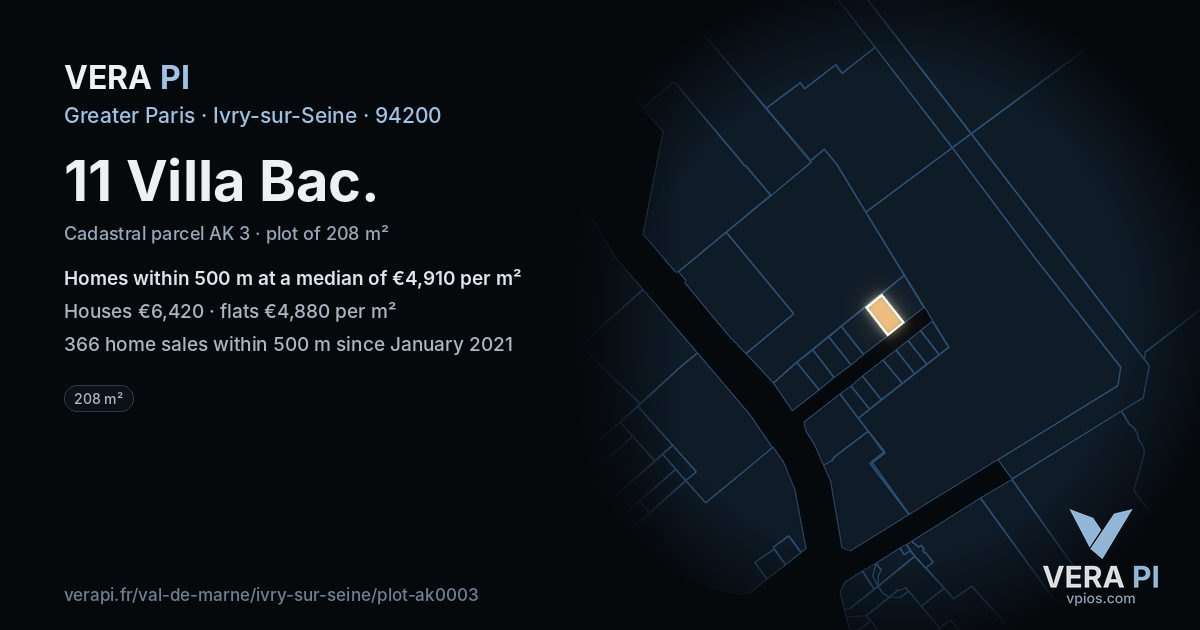 11 Villa Bac, Ivry-sur-Seine at night – the plot lit, the parcels around coloured by the prices near them