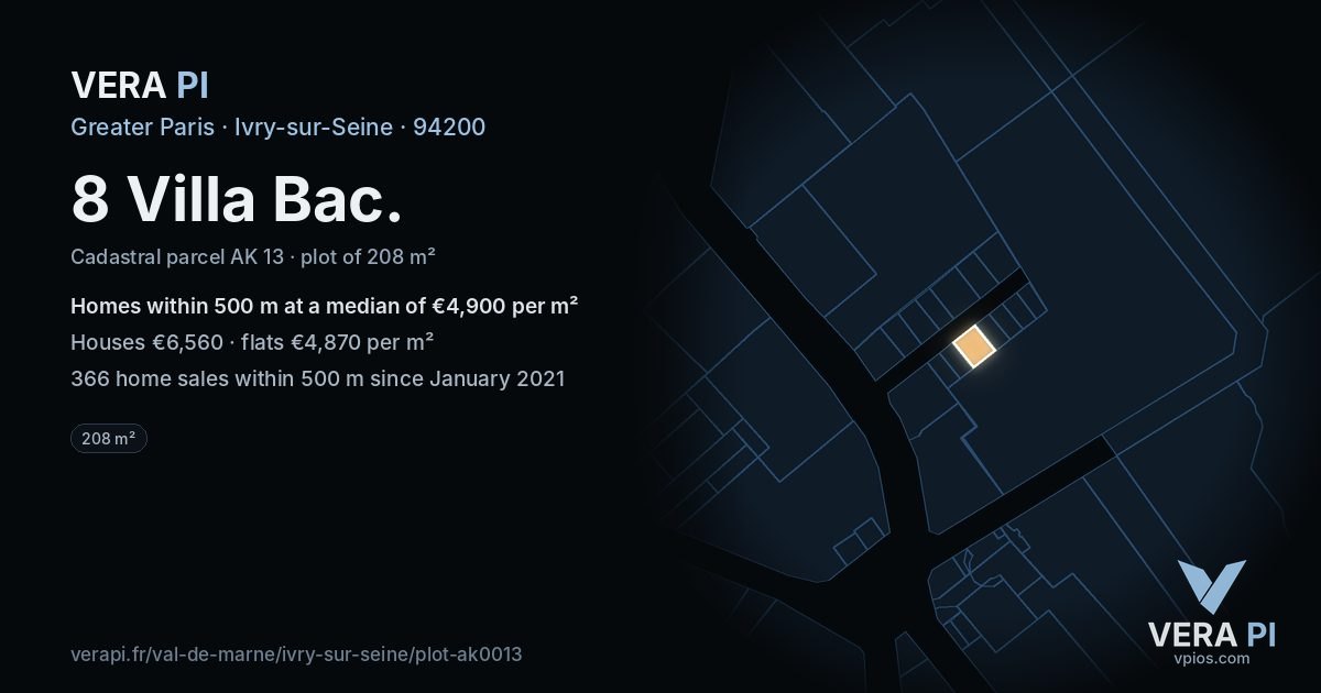 8 Villa Bac, Ivry-sur-Seine at night – the plot lit, the parcels around coloured by the prices near them