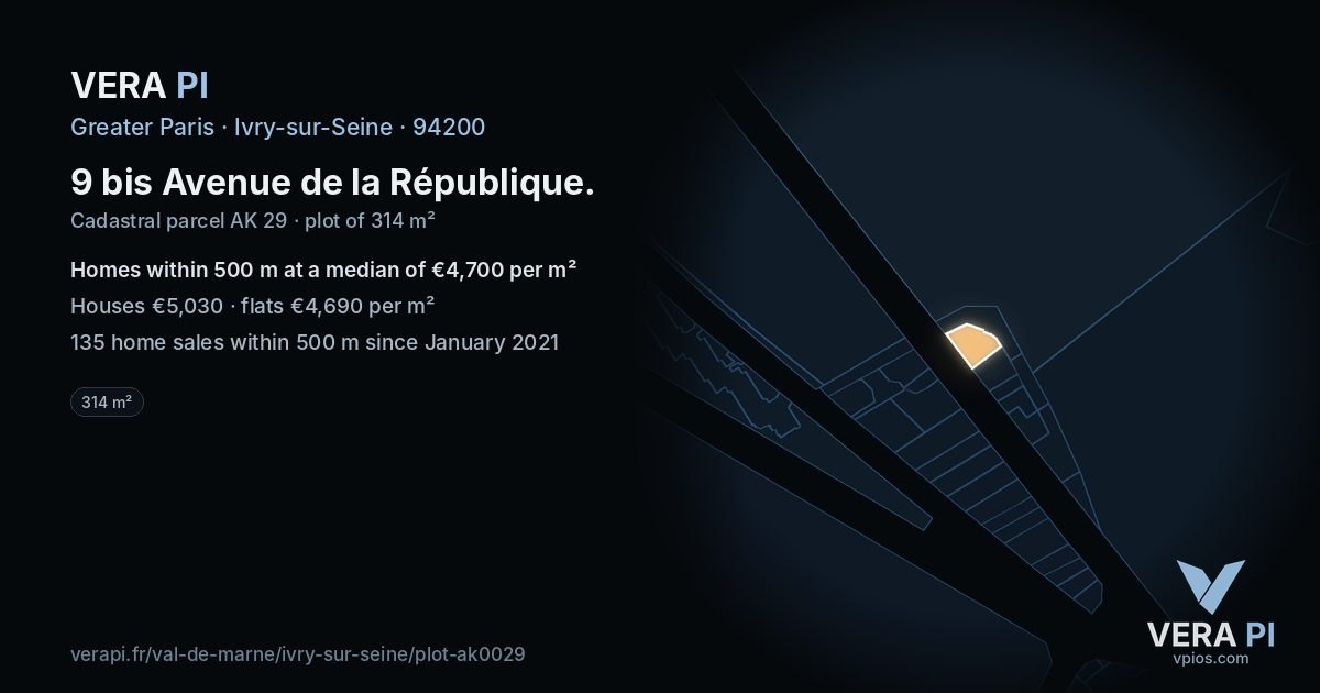9 bis Avenue de la République, Ivry-sur-Seine at night – the plot lit, the parcels around coloured by the prices near them