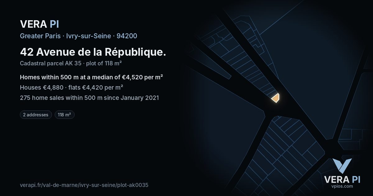42 Avenue de la République, Ivry-sur-Seine at night – the plot lit, the parcels around coloured by the prices near them