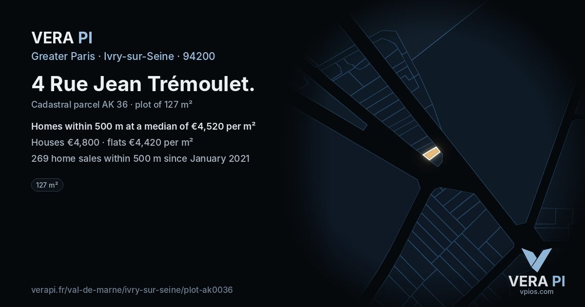4 Rue Jean Trémoulet, Ivry-sur-Seine at night – the plot lit, the parcels around coloured by the prices near them