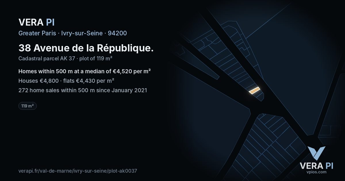 38 Avenue de la République, Ivry-sur-Seine at night – the plot lit, the parcels around coloured by the prices near them