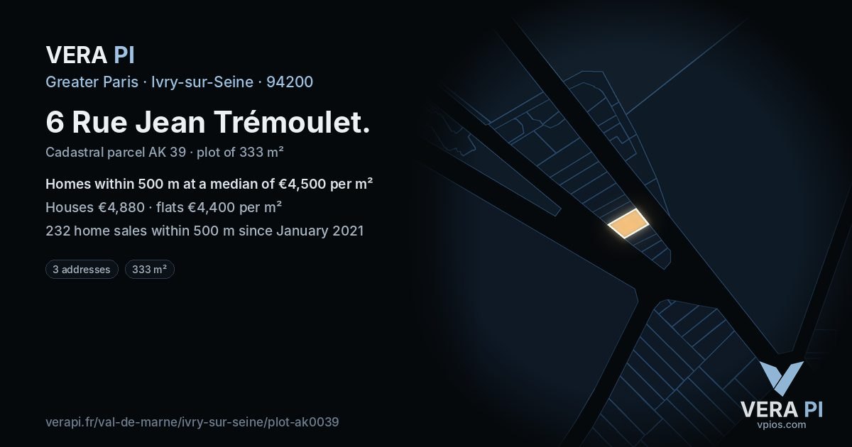 6 Rue Jean Trémoulet, Ivry-sur-Seine at night – the plot lit, the parcels around coloured by the prices near them