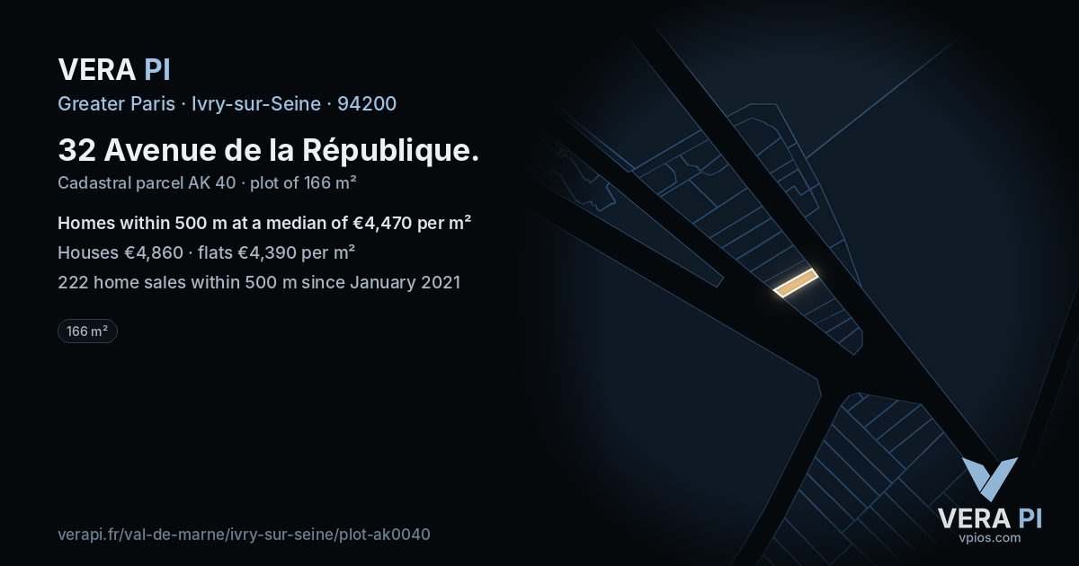 32 Avenue de la République, Ivry-sur-Seine at night – the plot lit, the parcels around coloured by the prices near them