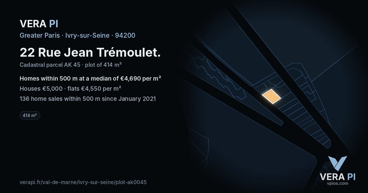 22 Rue Jean Trémoulet, Ivry-sur-Seine at night – the plot lit, the parcels around coloured by the prices near them