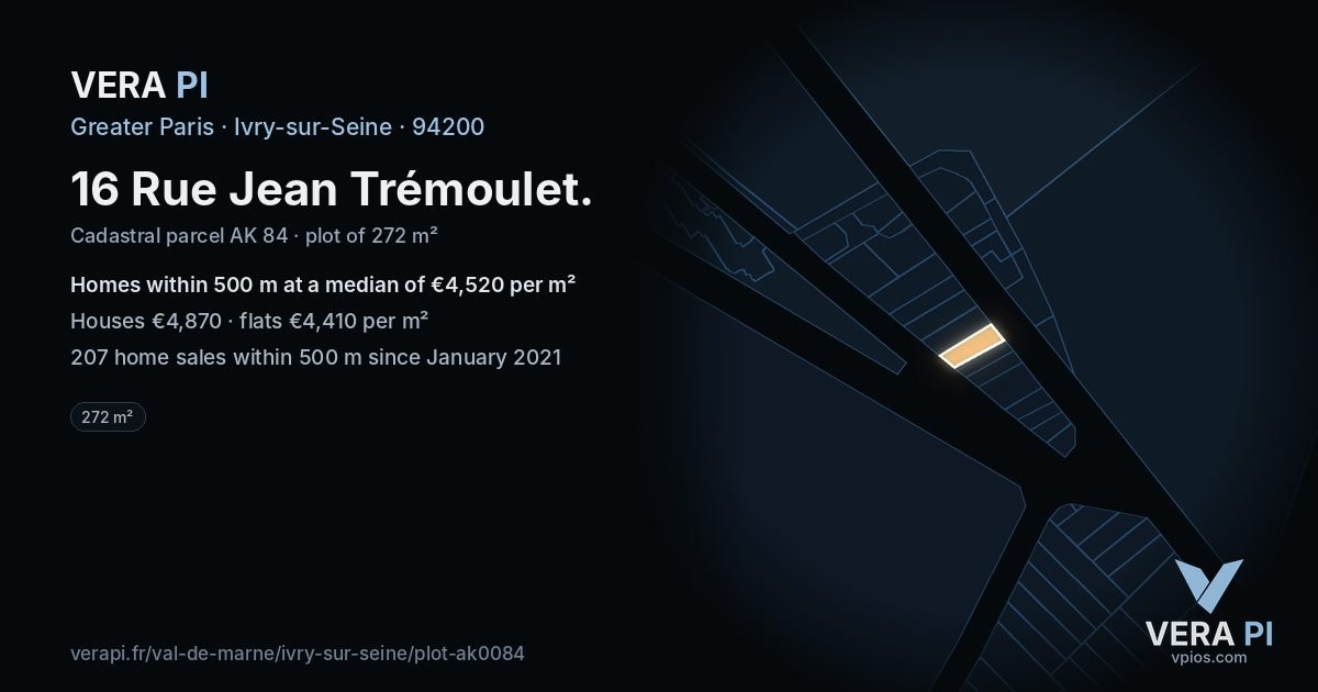 16 Rue Jean Trémoulet, Ivry-sur-Seine at night – the plot lit, the parcels around coloured by the prices near them