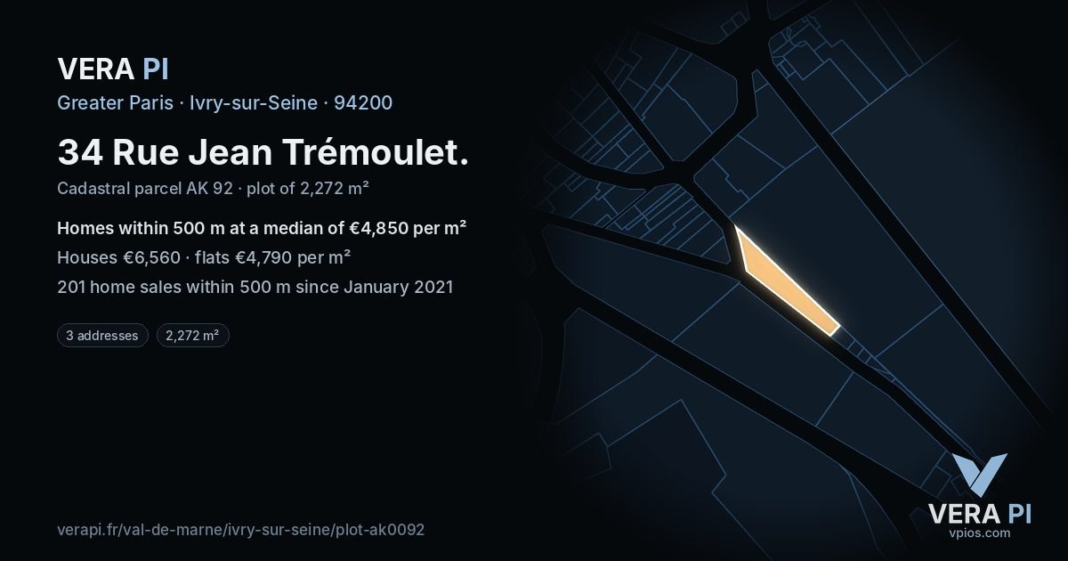 34 Rue Jean Trémoulet, Ivry-sur-Seine at night – the plot lit, the parcels around coloured by the prices near them