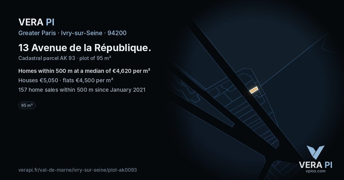 13 Avenue de la République, Ivry-sur-Seine at night – the plot lit, the parcels around coloured by the prices near them