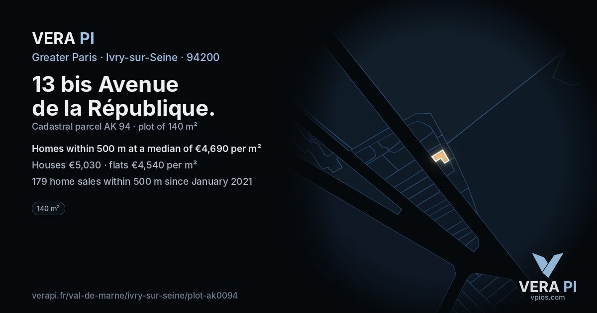 13 bis Avenue de la République, Ivry-sur-Seine at night – the plot lit, the parcels around coloured by the prices near them