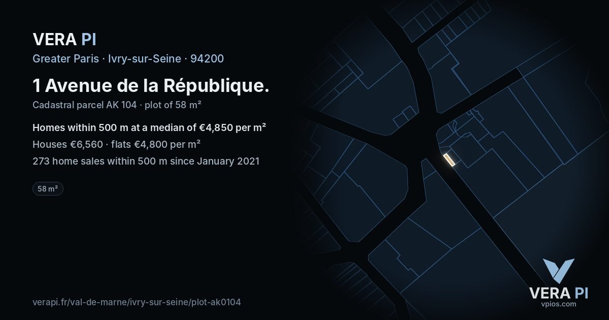 1 Avenue de la République, Ivry-sur-Seine at night – the plot lit, the parcels around coloured by the prices near them