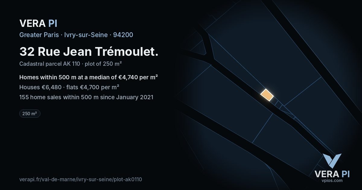 32 Rue Jean Trémoulet, Ivry-sur-Seine at night – the plot lit, the parcels around coloured by the prices near them