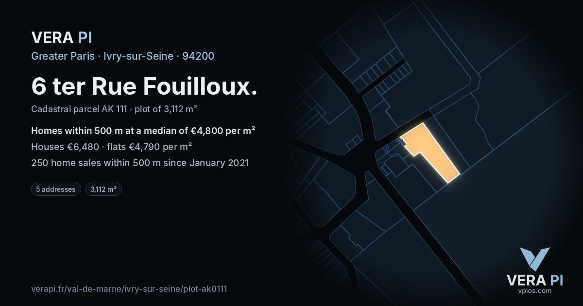 6 ter Rue Fouilloux, Ivry-sur-Seine at night – the plot lit, the parcels around coloured by the prices near them
