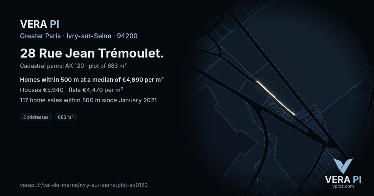 28 Rue Jean Trémoulet, Ivry-sur-Seine at night – the plot lit, the parcels around coloured by the prices near them