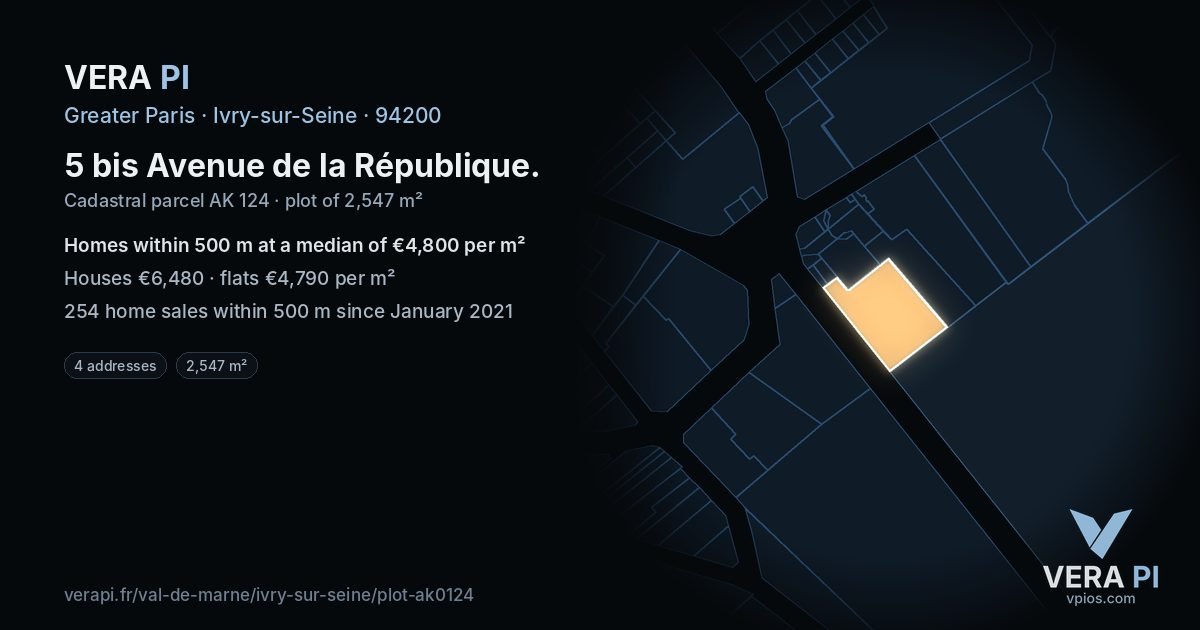 5 bis Avenue de la République, Ivry-sur-Seine at night – the plot lit, the parcels around coloured by the prices near them