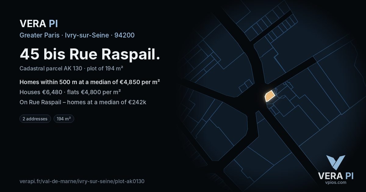 45 bis Rue Raspail, Ivry-sur-Seine at night – the plot lit, the parcels around coloured by the prices near them