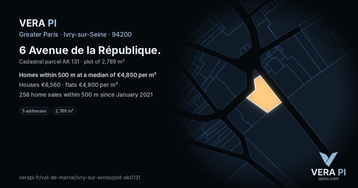 6 Avenue de la République, Ivry-sur-Seine at night – the plot lit, the parcels around coloured by the prices near them