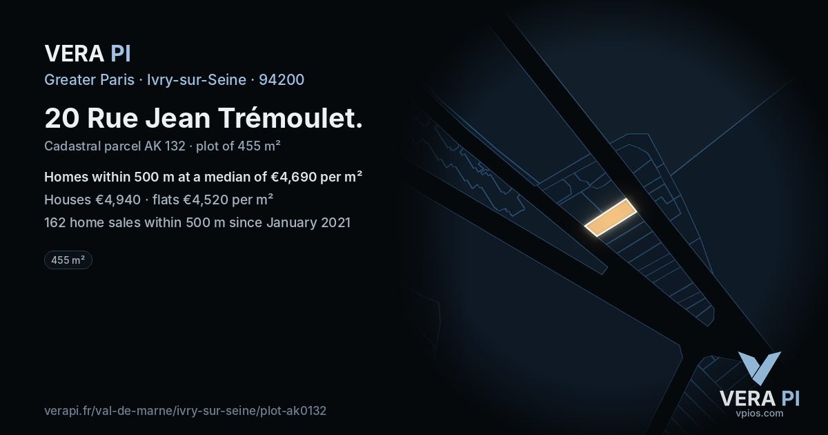 20 Rue Jean Trémoulet, Ivry-sur-Seine at night – the plot lit, the parcels around coloured by the prices near them