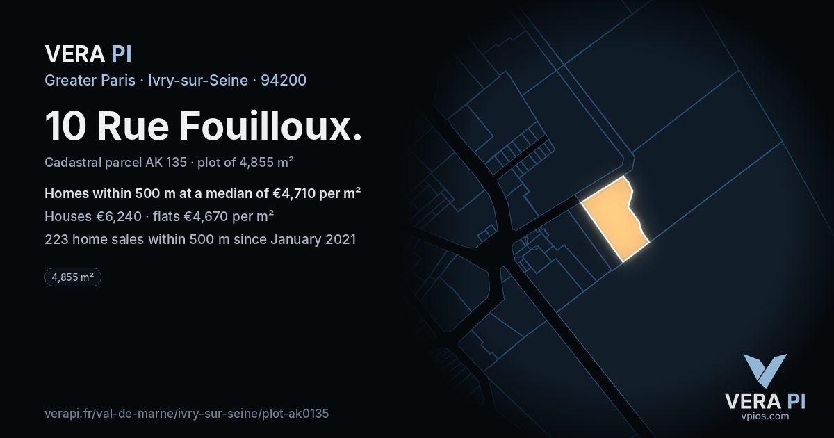 10 Rue Fouilloux, Ivry-sur-Seine at night – the plot lit, the parcels around coloured by the prices near them