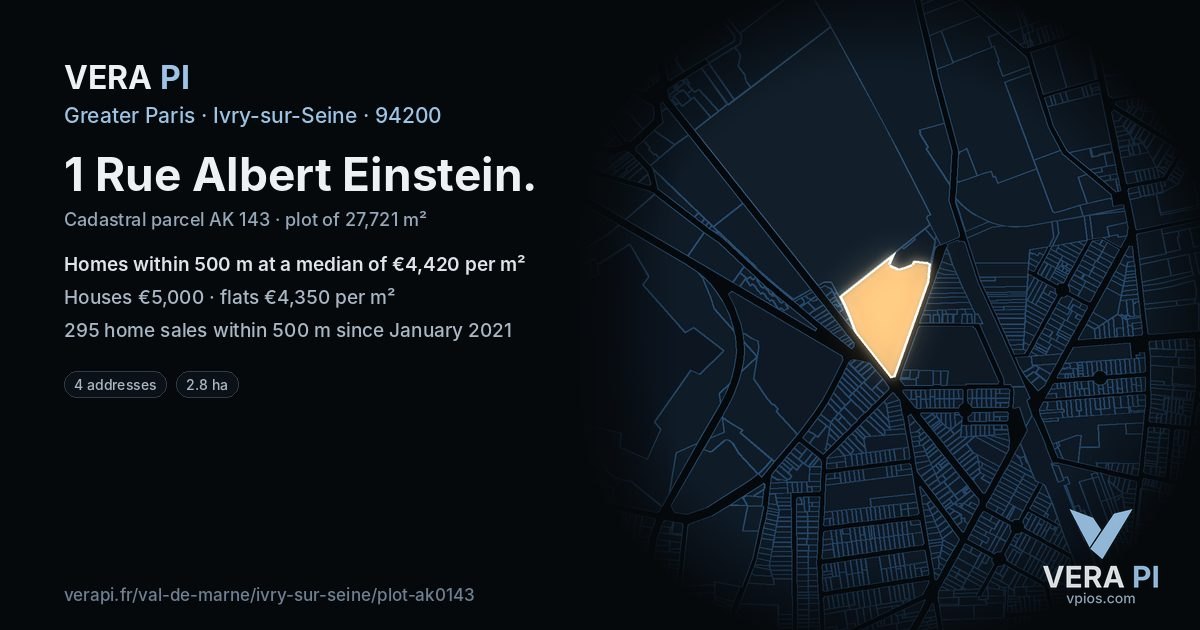 1 Rue Albert Einstein, Ivry-sur-Seine at night – the plot lit, the parcels around coloured by the prices near them
