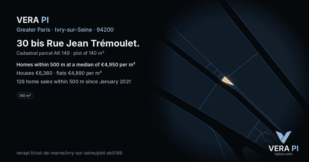 30 bis Rue Jean Trémoulet, Ivry-sur-Seine at night – the plot lit, the parcels around coloured by the prices near them
