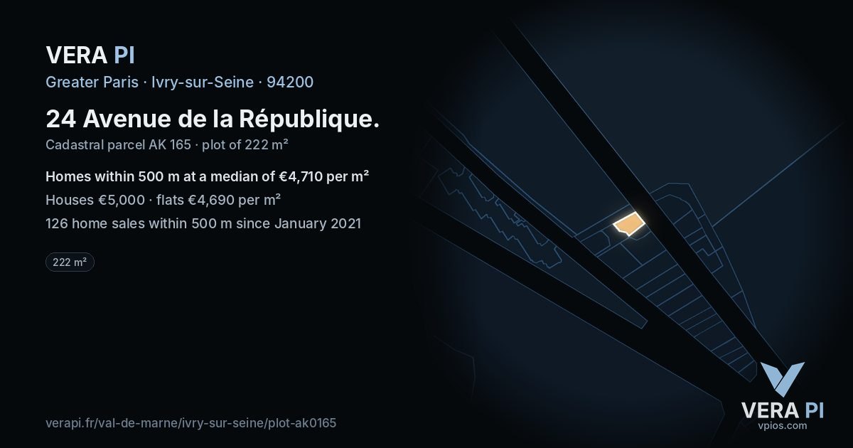 24 Avenue de la République, Ivry-sur-Seine at night – the plot lit, the parcels around coloured by the prices near them