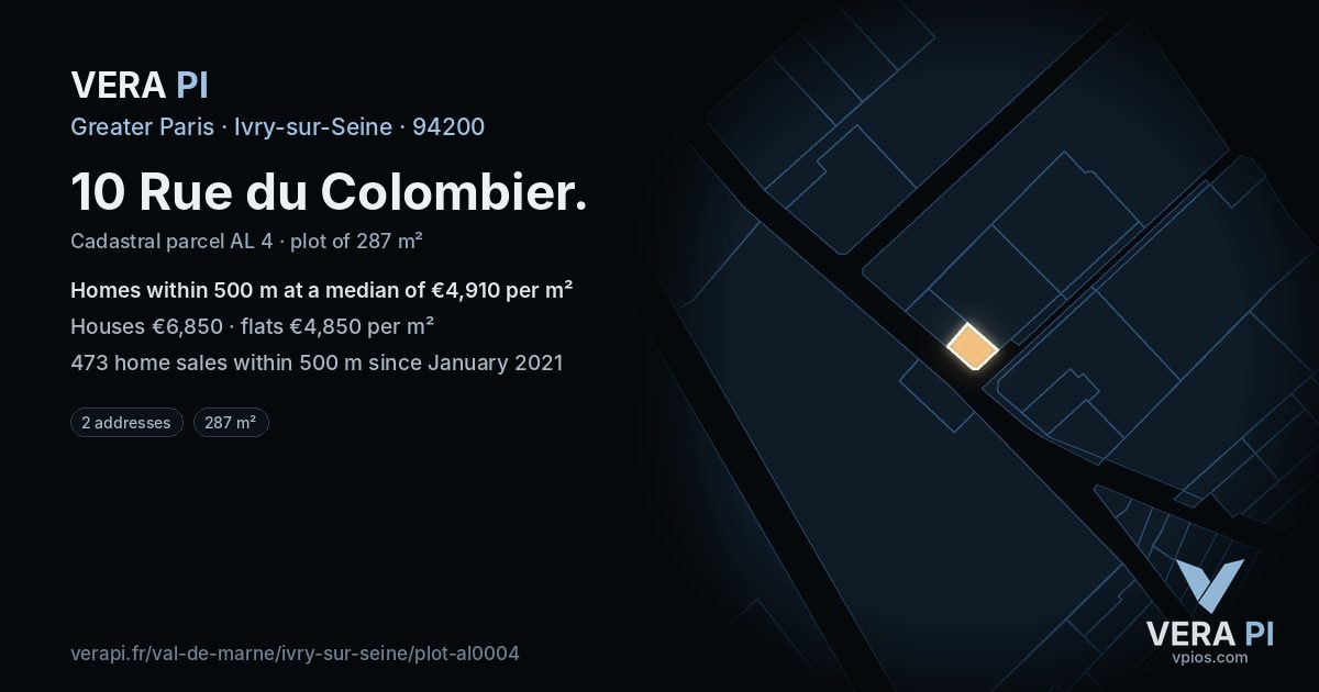 10 Rue du Colombier, Ivry-sur-Seine at night – the plot lit, the parcels around coloured by the prices near them
