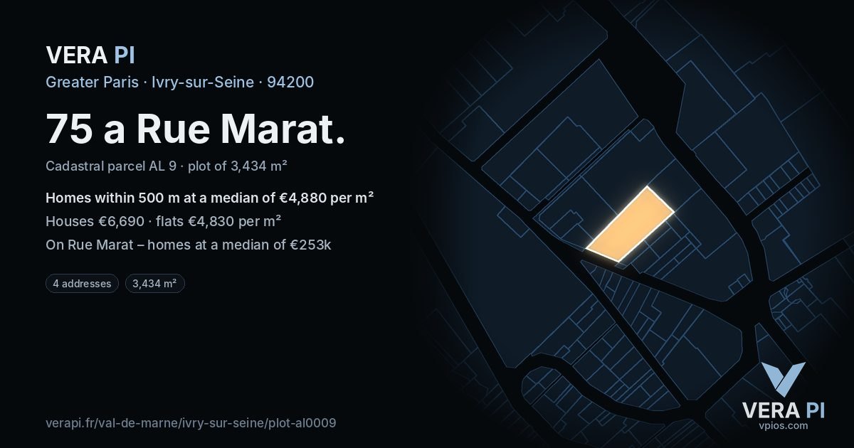 75 a Rue Marat, Ivry-sur-Seine at night – the plot lit, the parcels around coloured by the prices near them