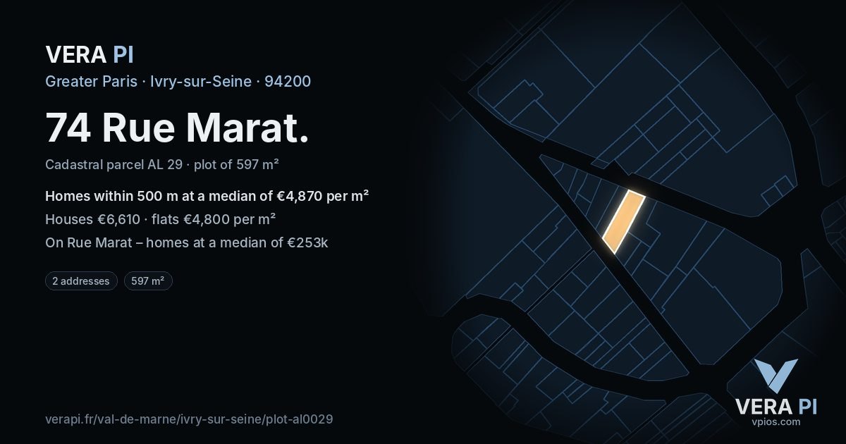 74 Rue Marat, Ivry-sur-Seine at night – the plot lit, the parcels around coloured by the prices near them