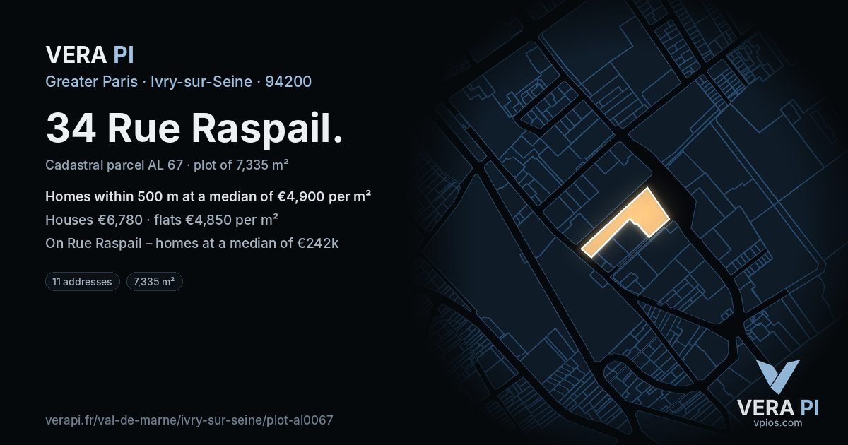 34 Rue Raspail, Ivry-sur-Seine at night – the plot lit, the parcels around coloured by the prices near them