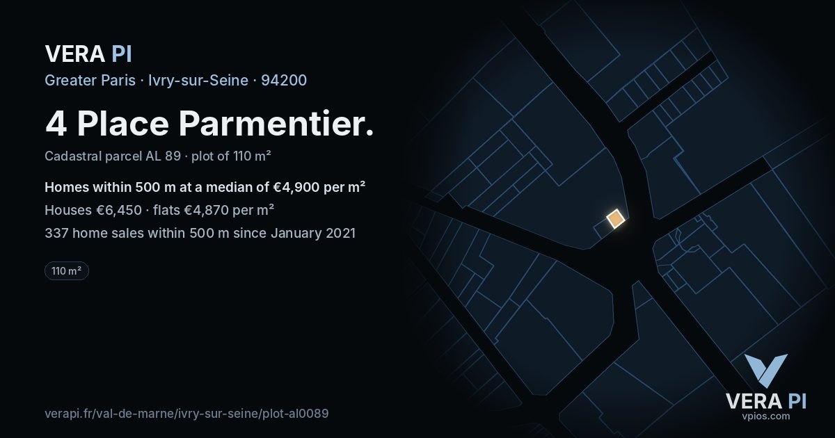 4 Place Parmentier, Ivry-sur-Seine at night – the plot lit, the parcels around coloured by the prices near them