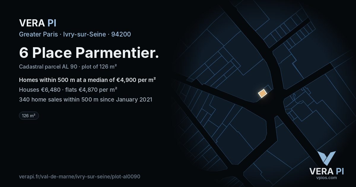6 Place Parmentier, Ivry-sur-Seine at night – the plot lit, the parcels around coloured by the prices near them