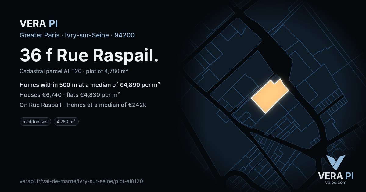 36 f Rue Raspail, Ivry-sur-Seine at night – the plot lit, the parcels around coloured by the prices near them