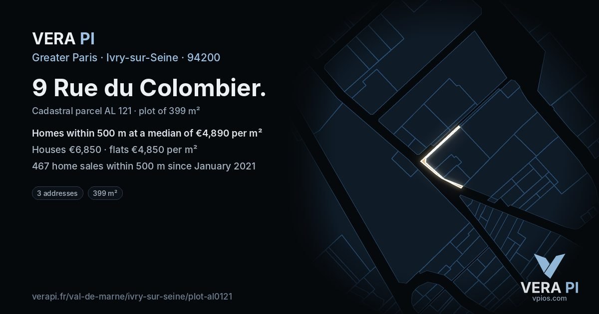 9 Rue du Colombier, Ivry-sur-Seine at night – the plot lit, the parcels around coloured by the prices near them