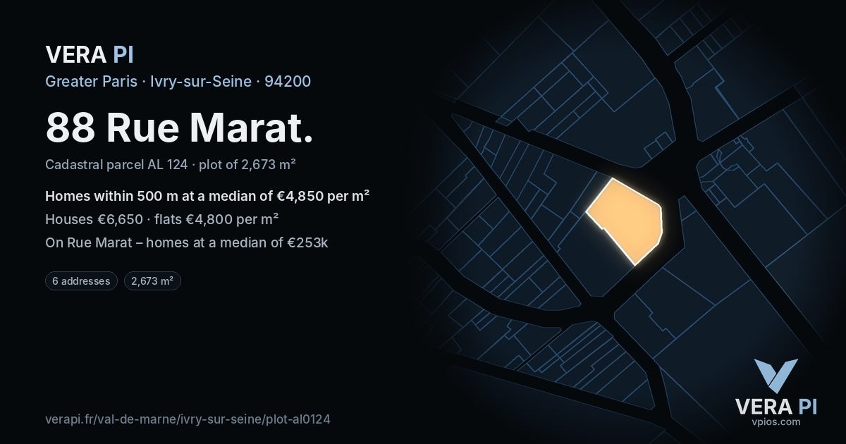 88 Rue Marat, Ivry-sur-Seine at night – the plot lit, the parcels around coloured by the prices near them