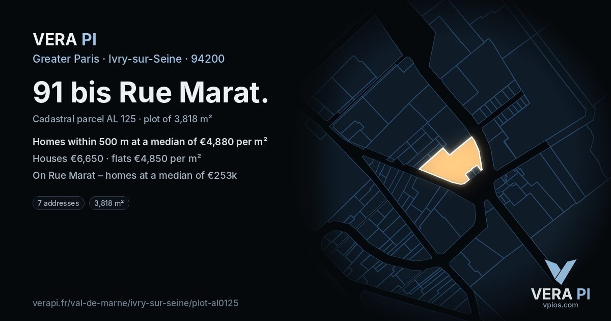 91 bis Rue Marat, Ivry-sur-Seine at night – the plot lit, the parcels around coloured by the prices near them