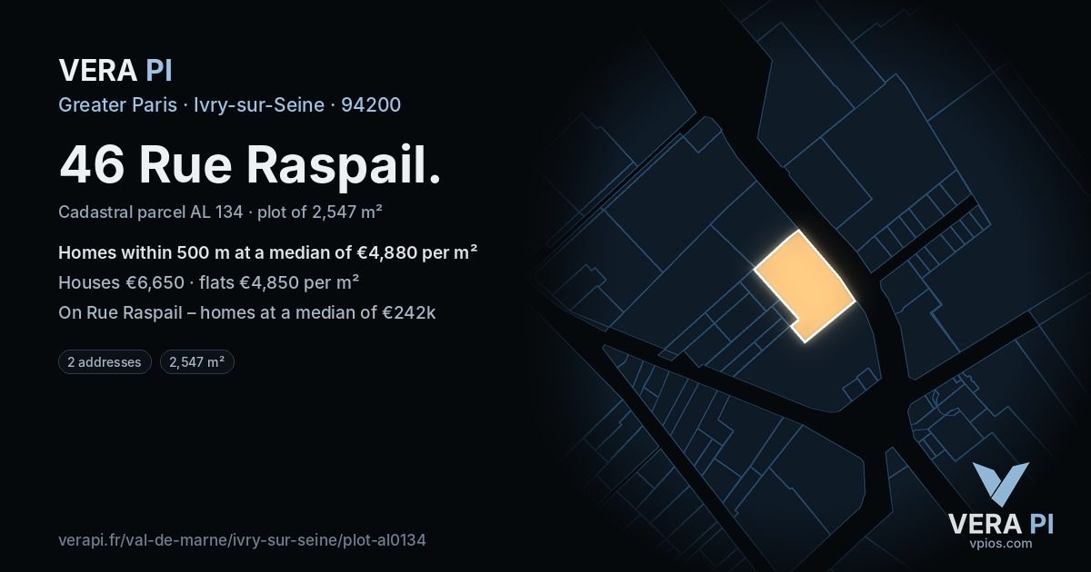 46 Rue Raspail, Ivry-sur-Seine at night – the plot lit, the parcels around coloured by the prices near them